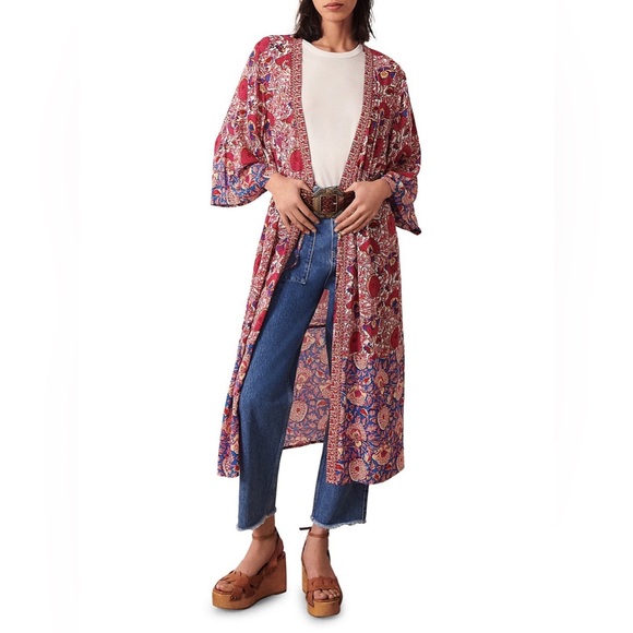 ba&sh Floral Wide-Sleeve long Lady Kimono Vini Side-Slit Self-Tie Size Medium - Picture 1 of 11